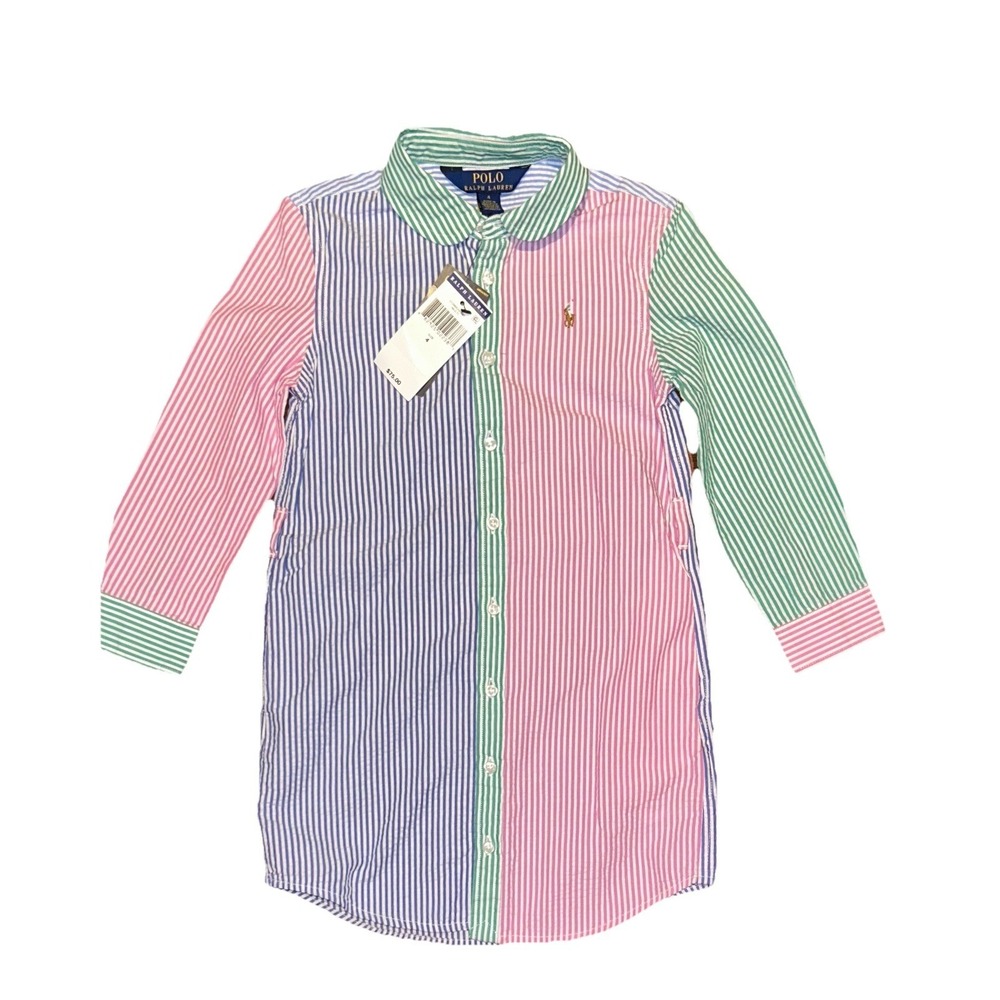 Polo Ralph Lauren Girl Multi Striped Cotton Fun Shirtdress Size 4 NWT No Belt